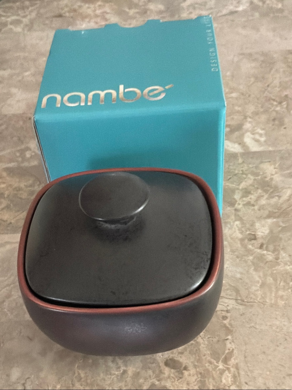 Nambe TAOS Black and Brown Ceramic Covered Sugar Bowl
